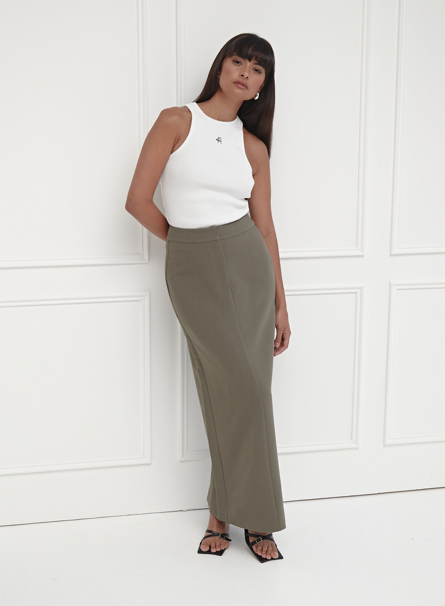 Image of Olive Green Tailored Midaxi Skirt - Kennedy