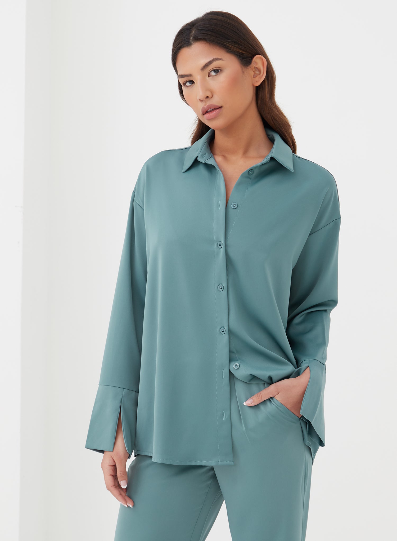 Image of Blue Split Cuff Satin Shirt - Elina