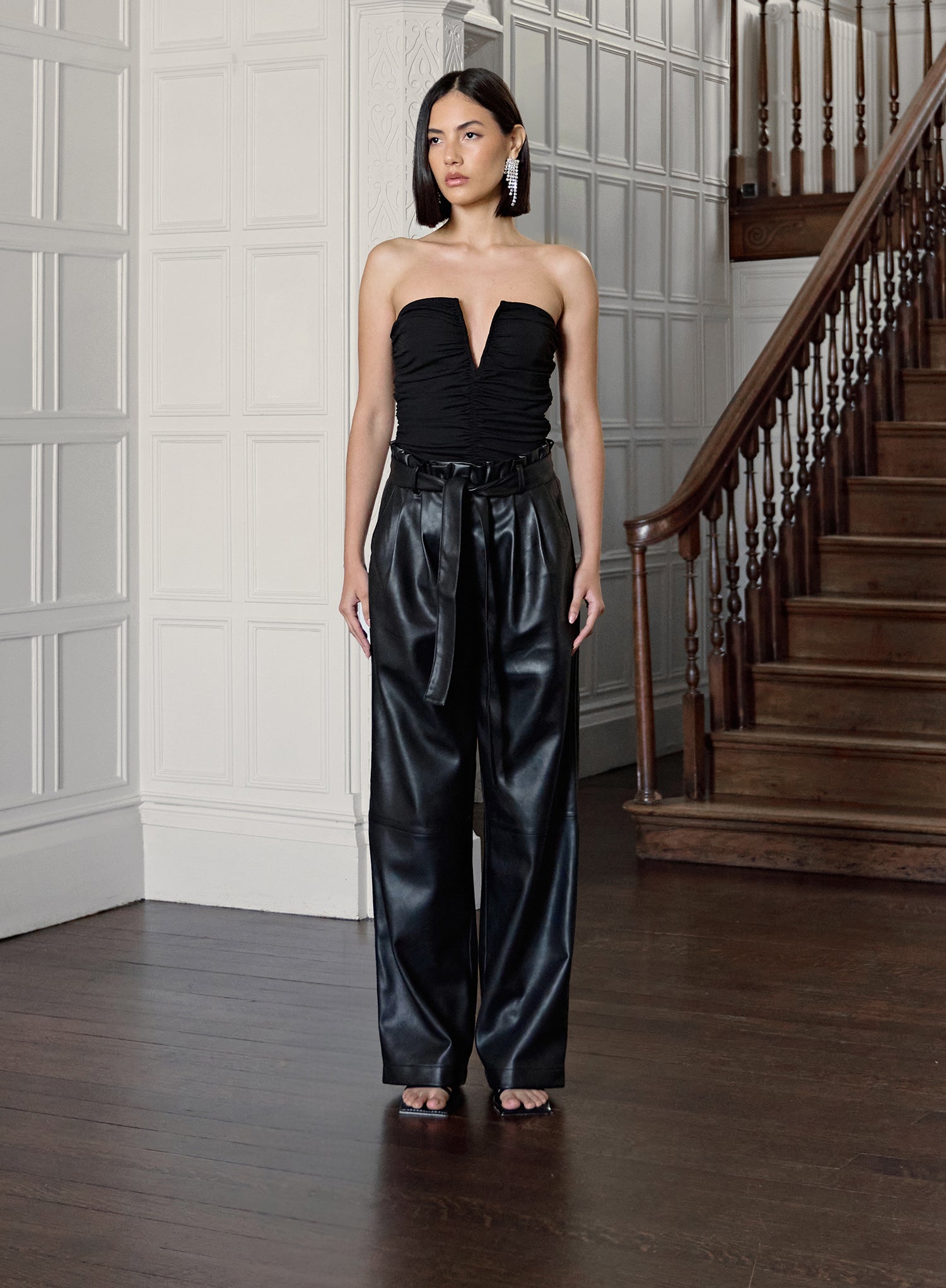 Image of Black Faux Leather Paperbag Tie Waist Trouser - Marlow