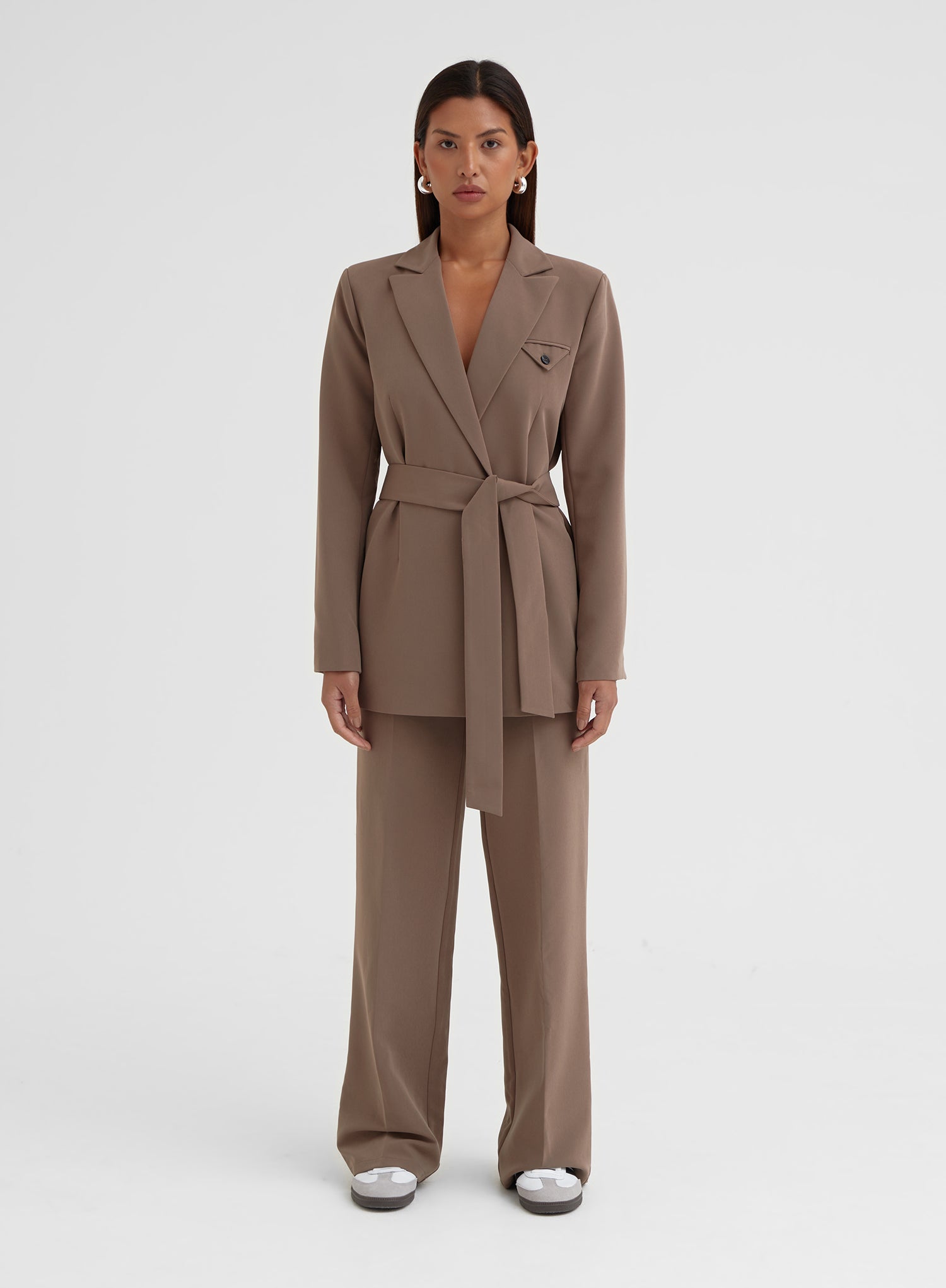 Image of Mocha Brown Belted Wide Leg Trousers – Jessica