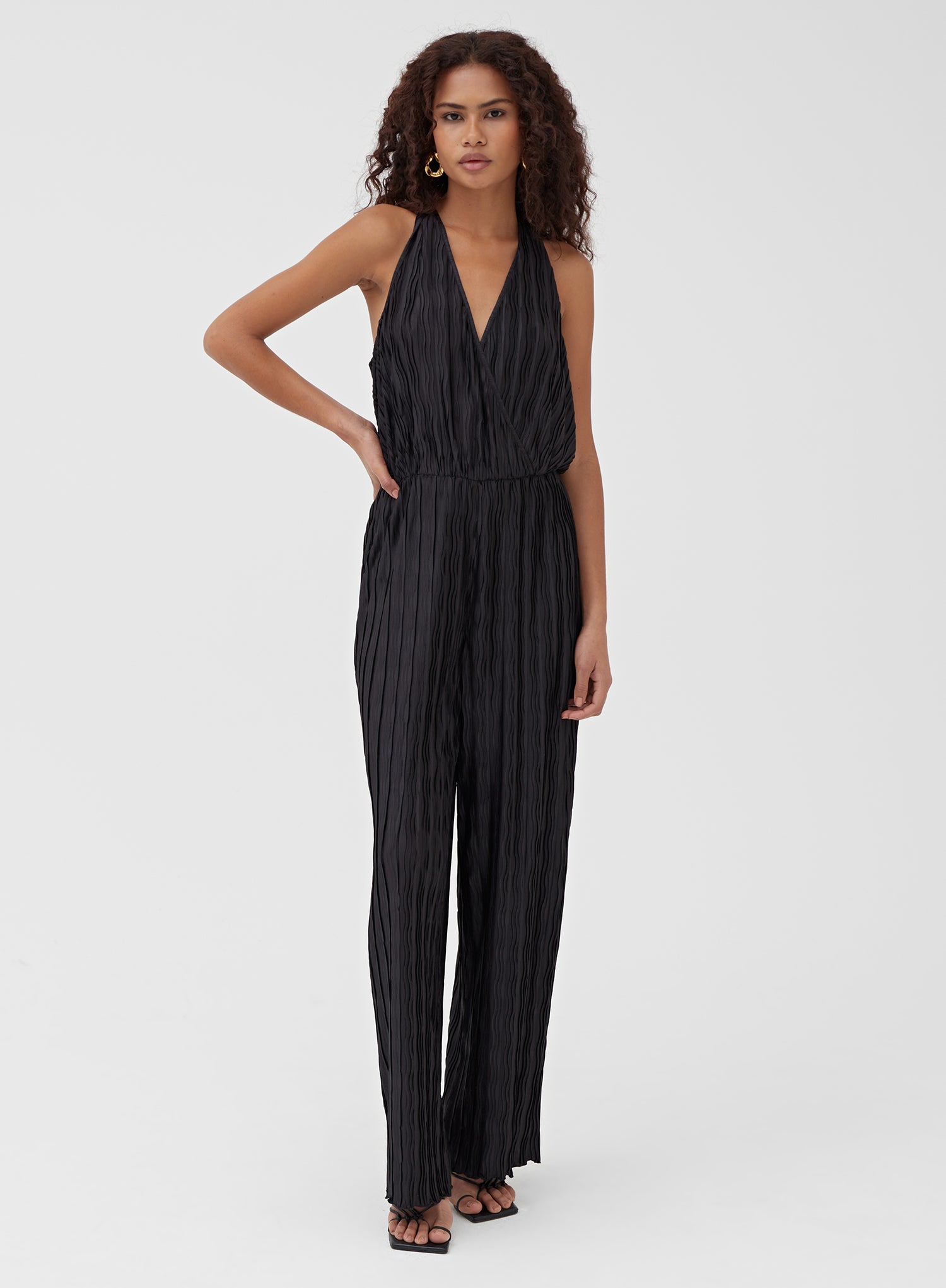 Image of Black Halterneck Plisse Wide Leg Jumpsuit – Jenna