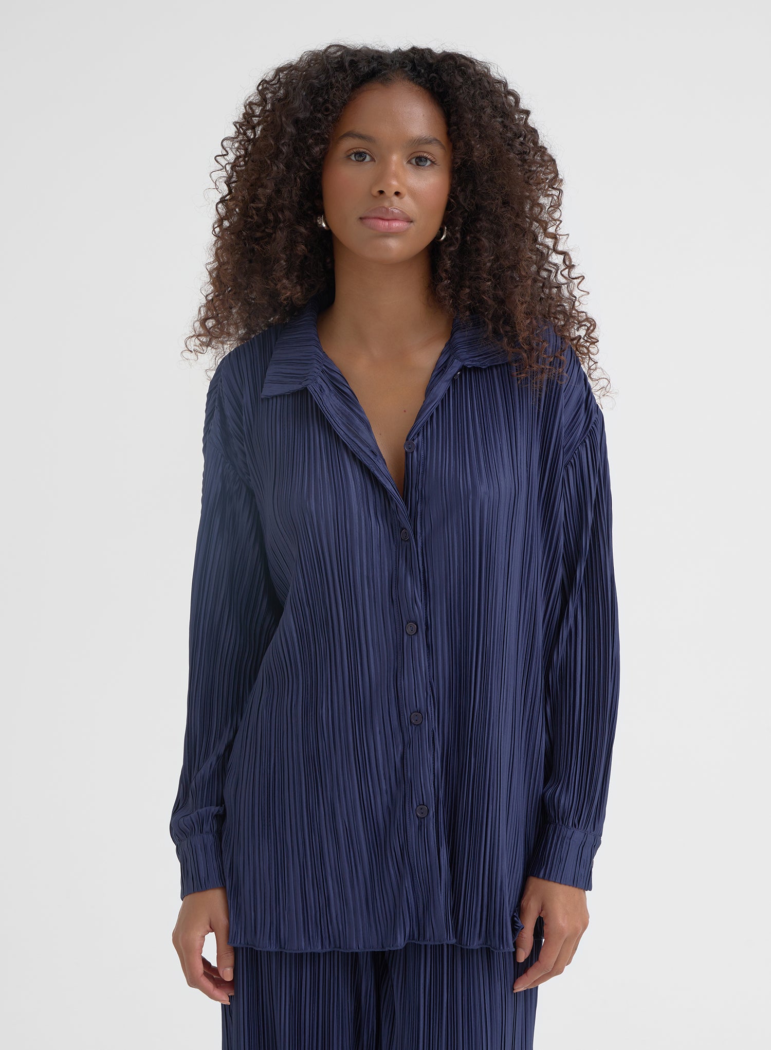 Image of Navy Pleated Plisse Shirt - Palais