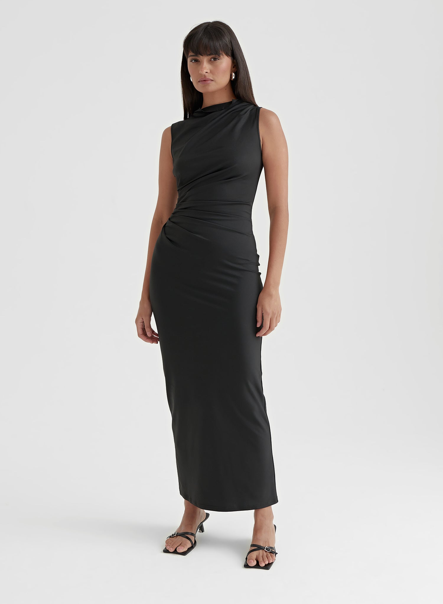 Image of Black Ruched Jersey Midaxi Dress - Tamilda