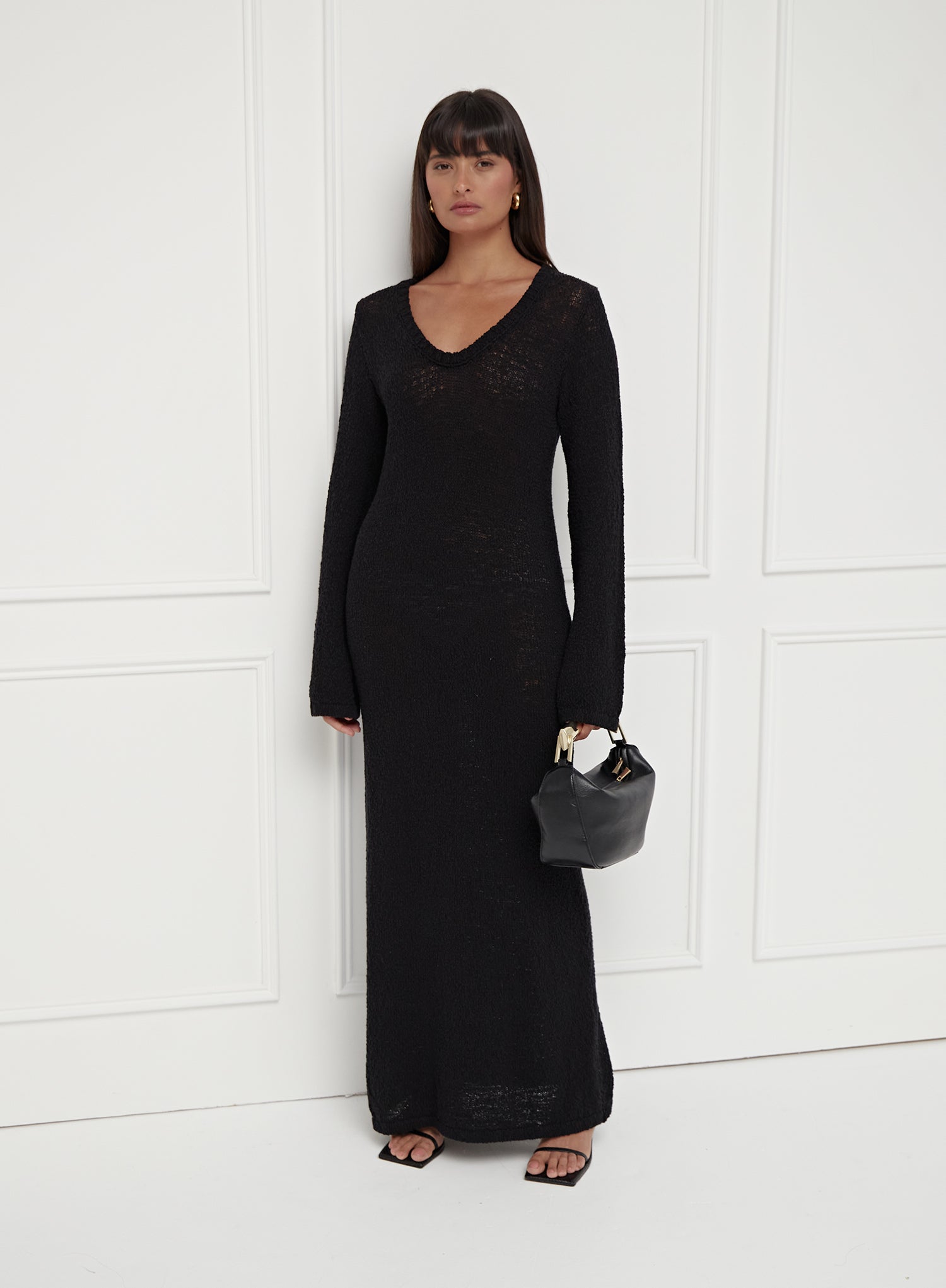 Image of Black Boucle Knit Midaxi Dress - Cora