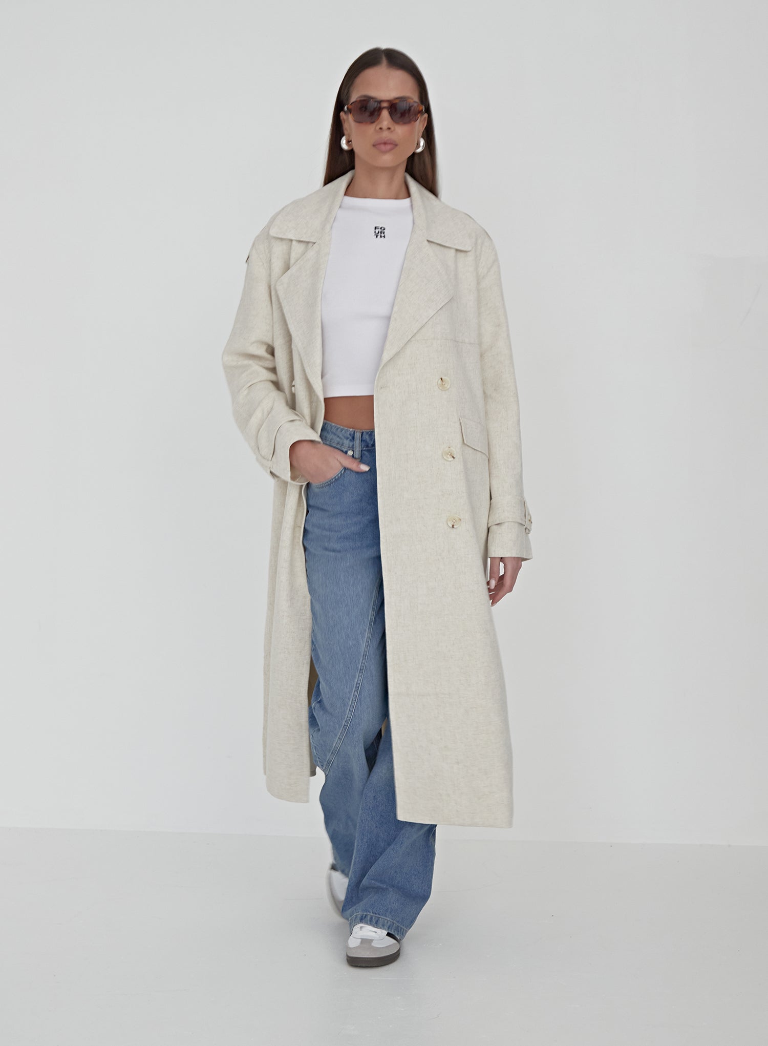 Image of Cream Linen Look Trench Coat- Tanya