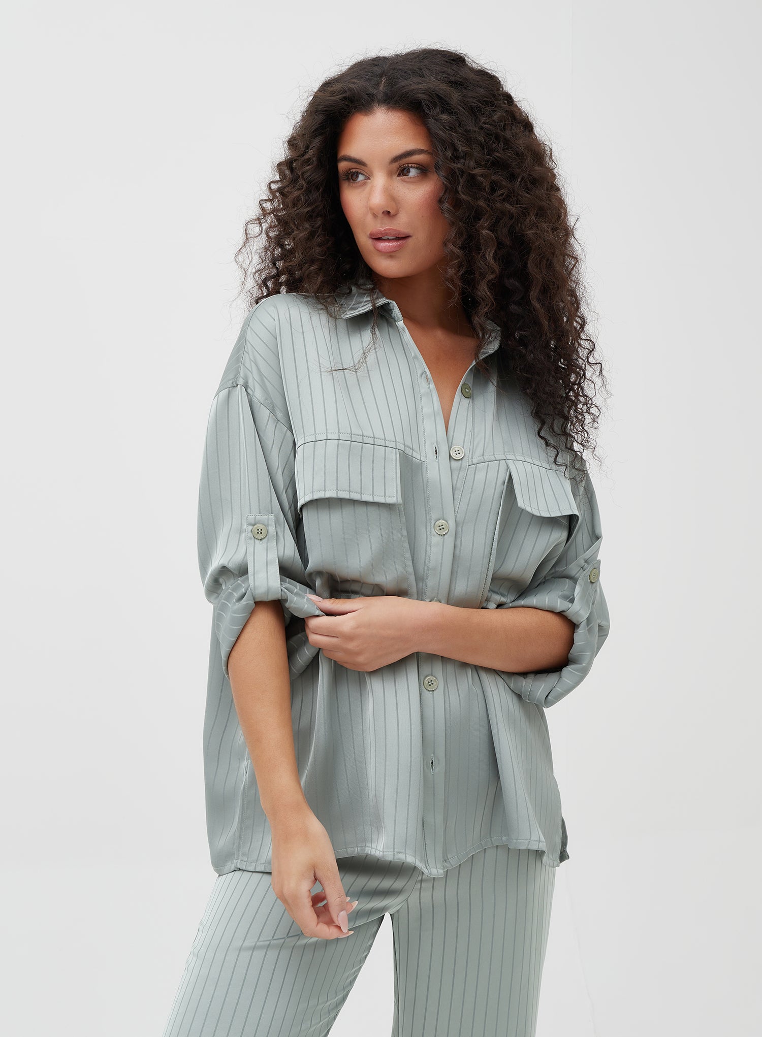 Image of Sage Oversized Stripe Satin Shirt - Nia