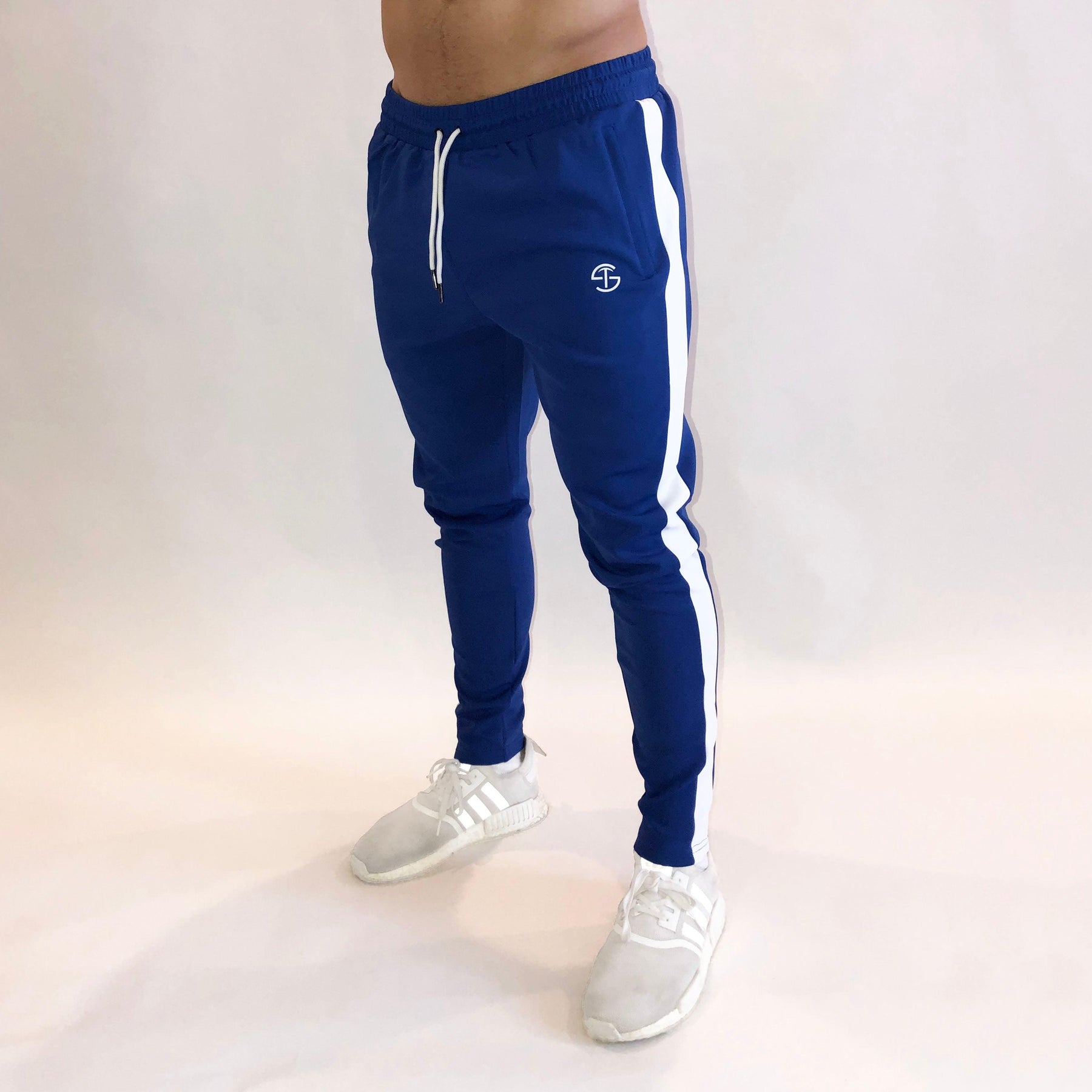 blue and white joggers