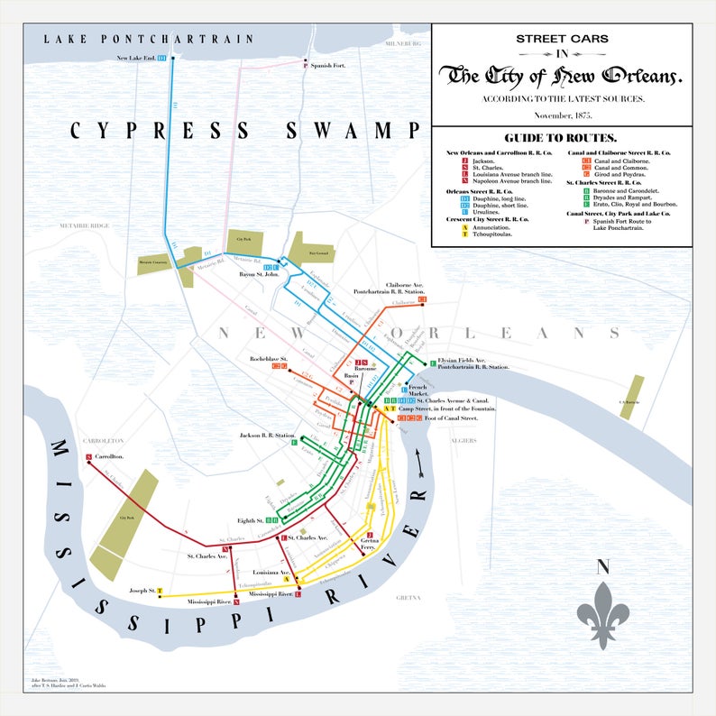 New Orleans streetcar system map print, 1875 53 Studio