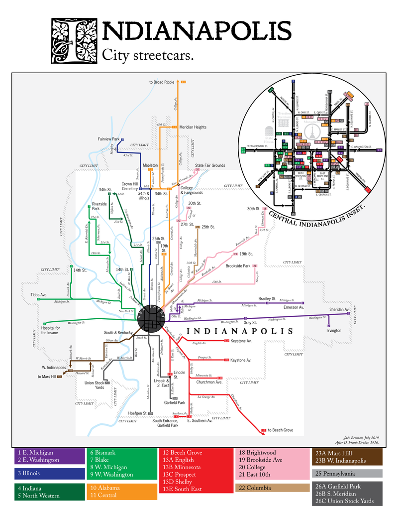 Indiana Interurban Railway Map Indianapolis Streetcar System And Interurban Light Rail Map, 1916 –  Fifty-Three Studio