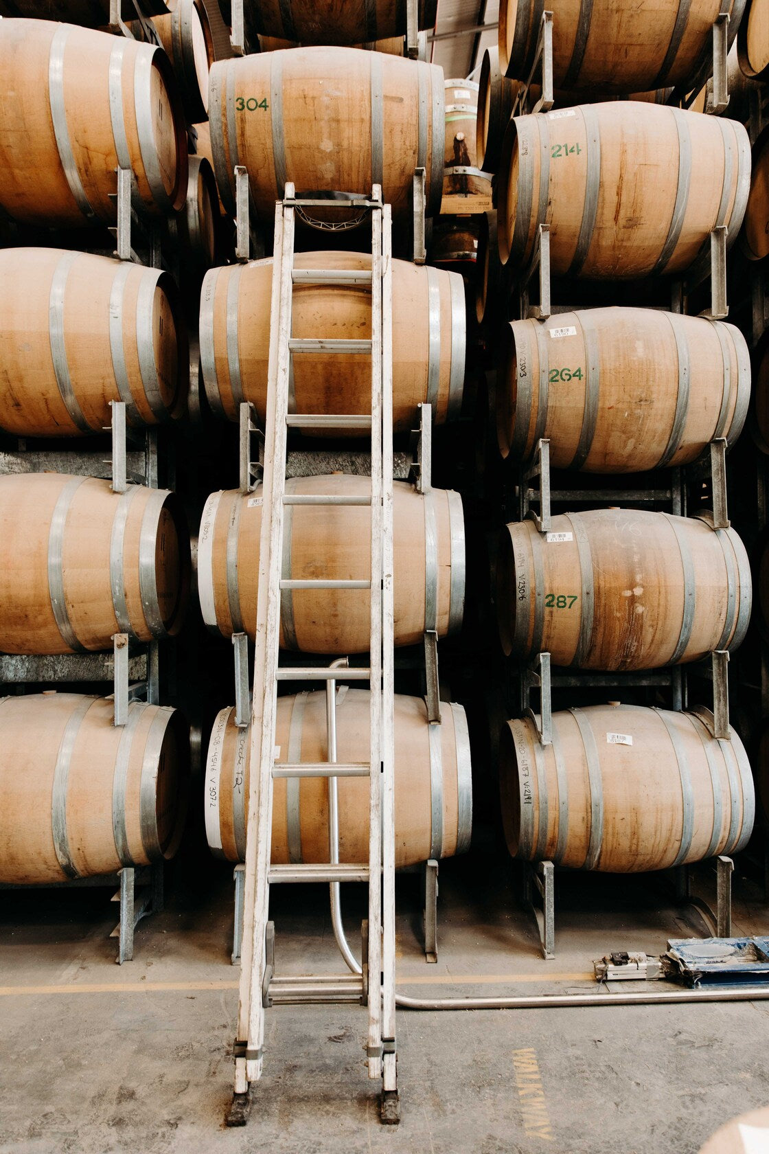 Ladder leaning against barrels at the Starward Distillery