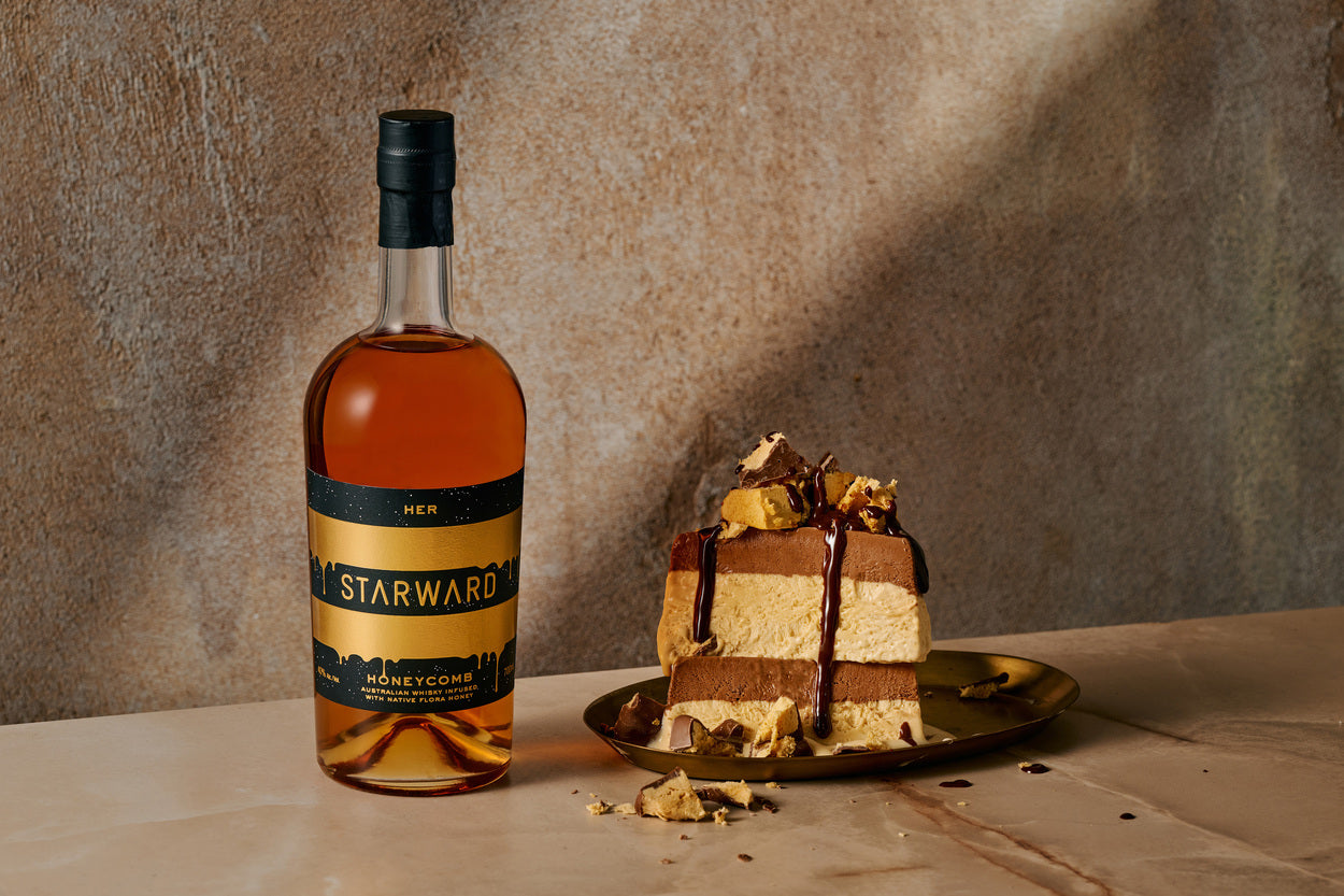 HER Honeycomb whisky with a big slice of sweet cake from the Starward team
