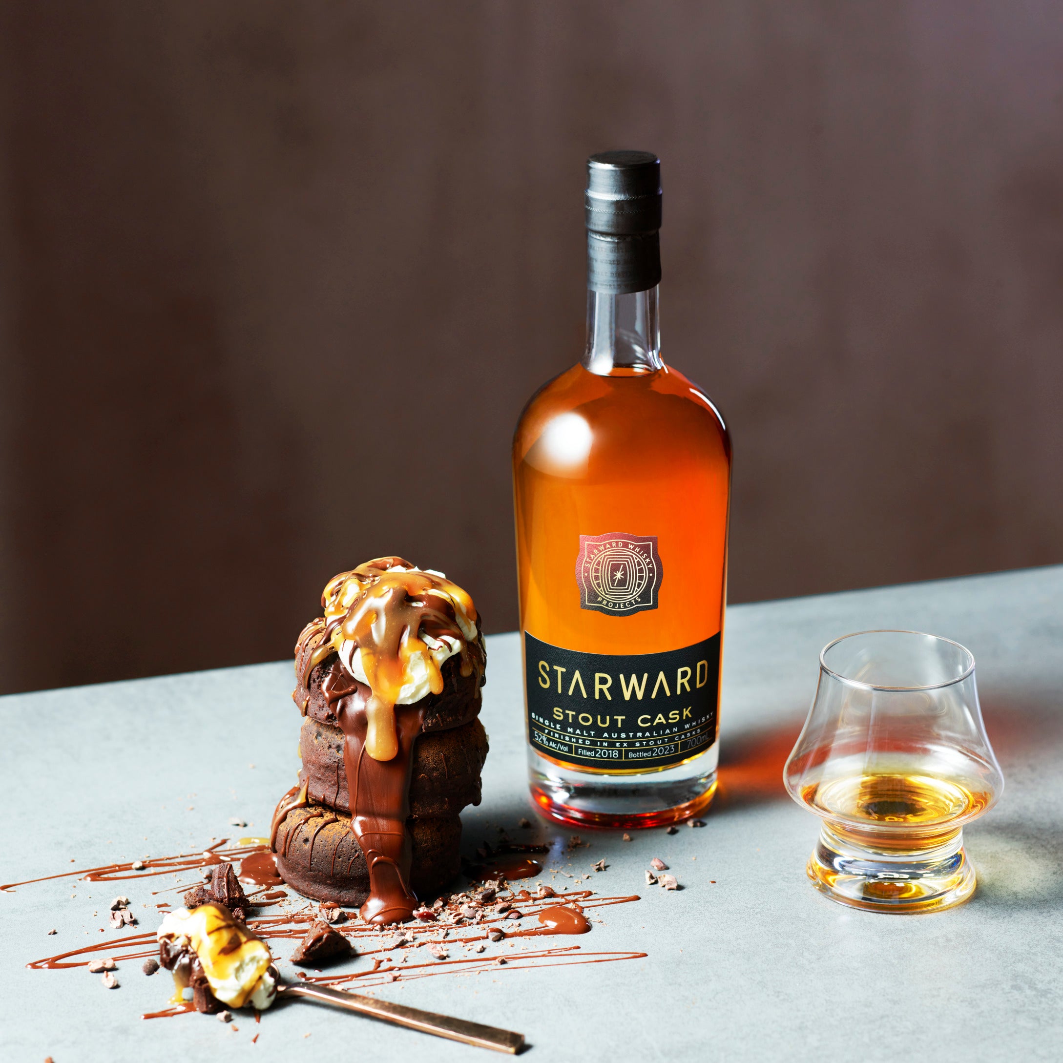 Stout Cask whisky from Starward with chocolate dessert