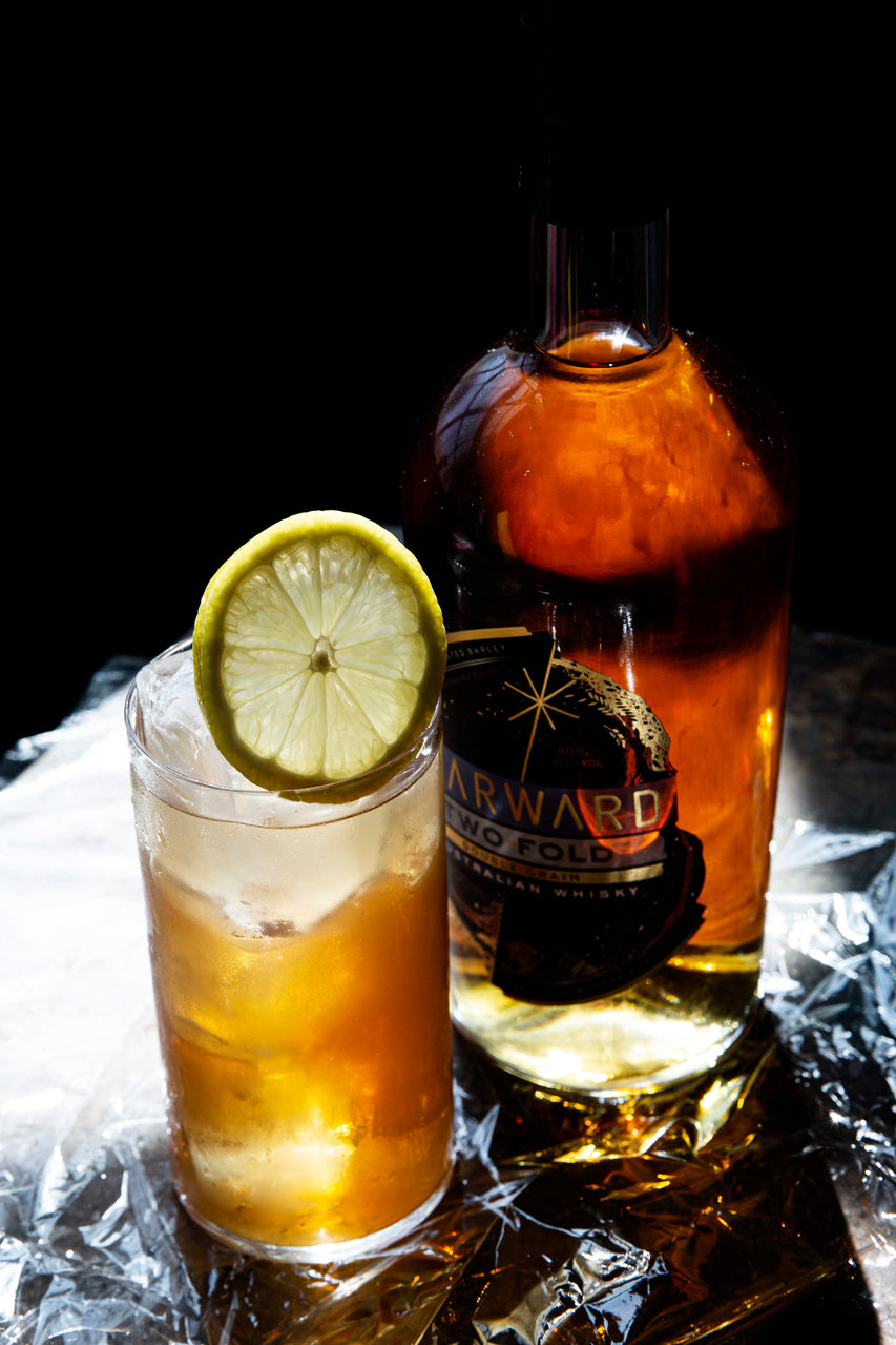 Bottle of Whisky with cocktail glass filled with ice and slice of lemon on moody background