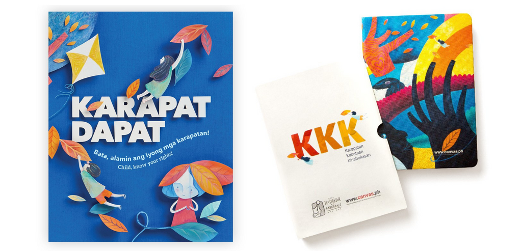 L-R: Cover of Karapat Dapat: Bata Alamin ang Iyong mga Karapatan (₱300); Rights of the Child Creative Journal showcasing the whimsical artworks of Ang INK