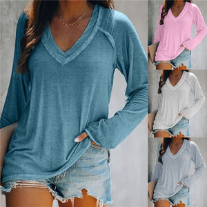 Women's Long Sleeve Solid V-Neck Loose Fit T-shirt