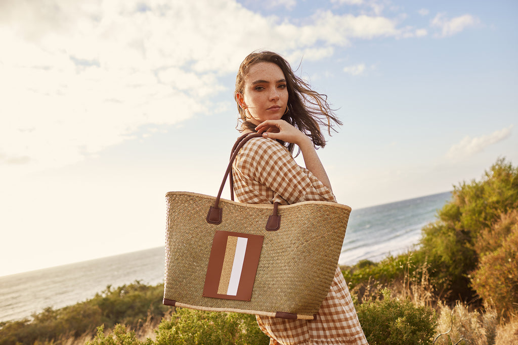 Lanamara - Grazia Basket Bag with Brown Leather Straps and Personalised Pocket