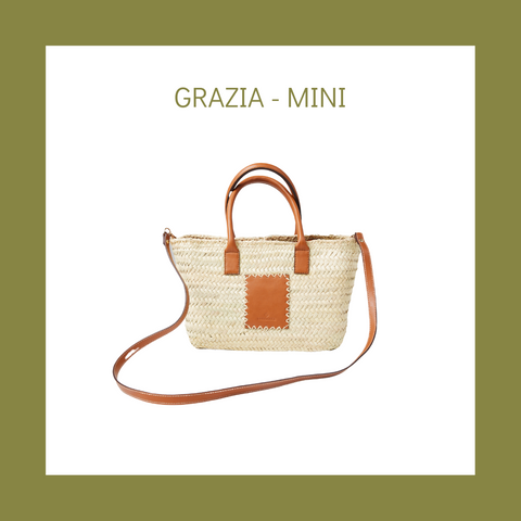 Mini Grazia straw basket bag ethical sustainable vegan raffia tan crossbody zip personalise