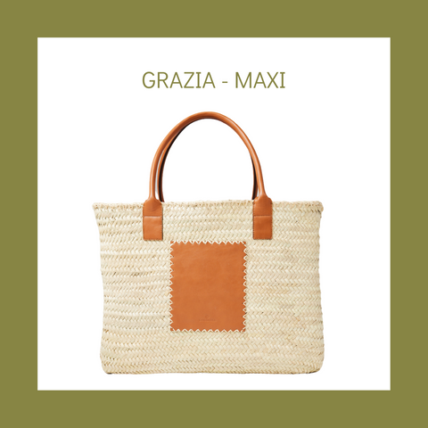 Maxi Grazia straw basket bag weekender beach ethical sustainable vegan raffia tan crossbody tassel personalise