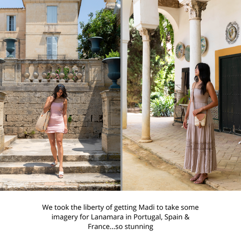 Model wearing bags by Lanamara in European settings