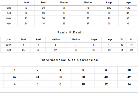 Lush Clothing Size Chart