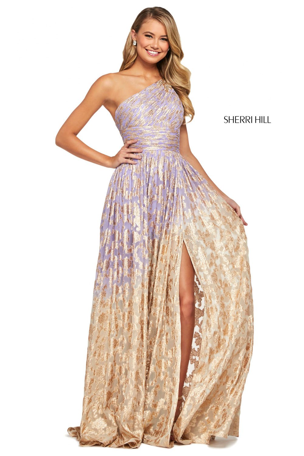 lilac and gold dress