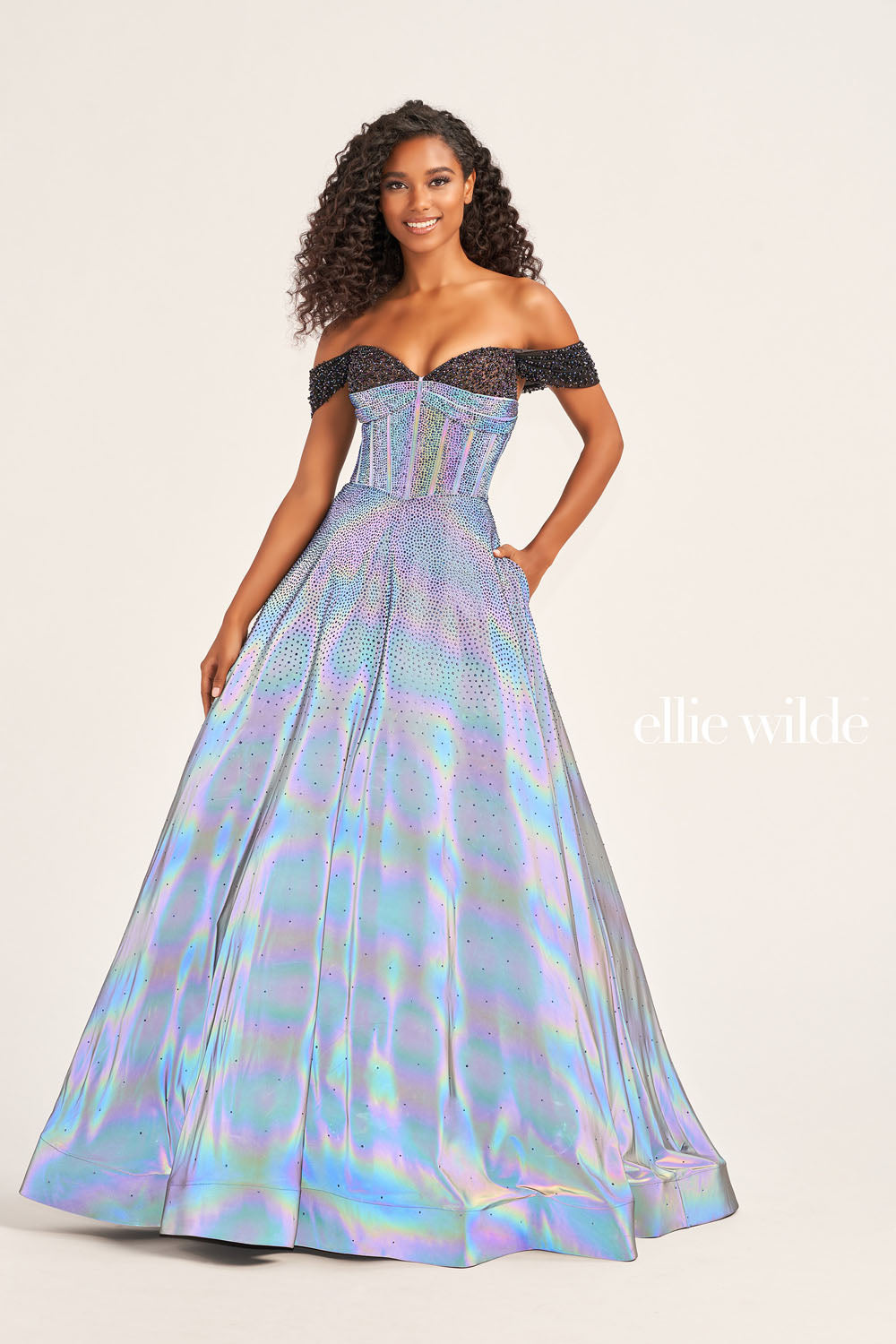 Ellie Wilde EW35702 SUPERNOVA Holographic Sheer Corset Prom Dress Slit V  Neck Gown