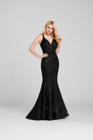 Ellie Wilde EW120073 prom dress images.  Ellie Wilde EW120073 is available in these colors: Black, Purple Multi.