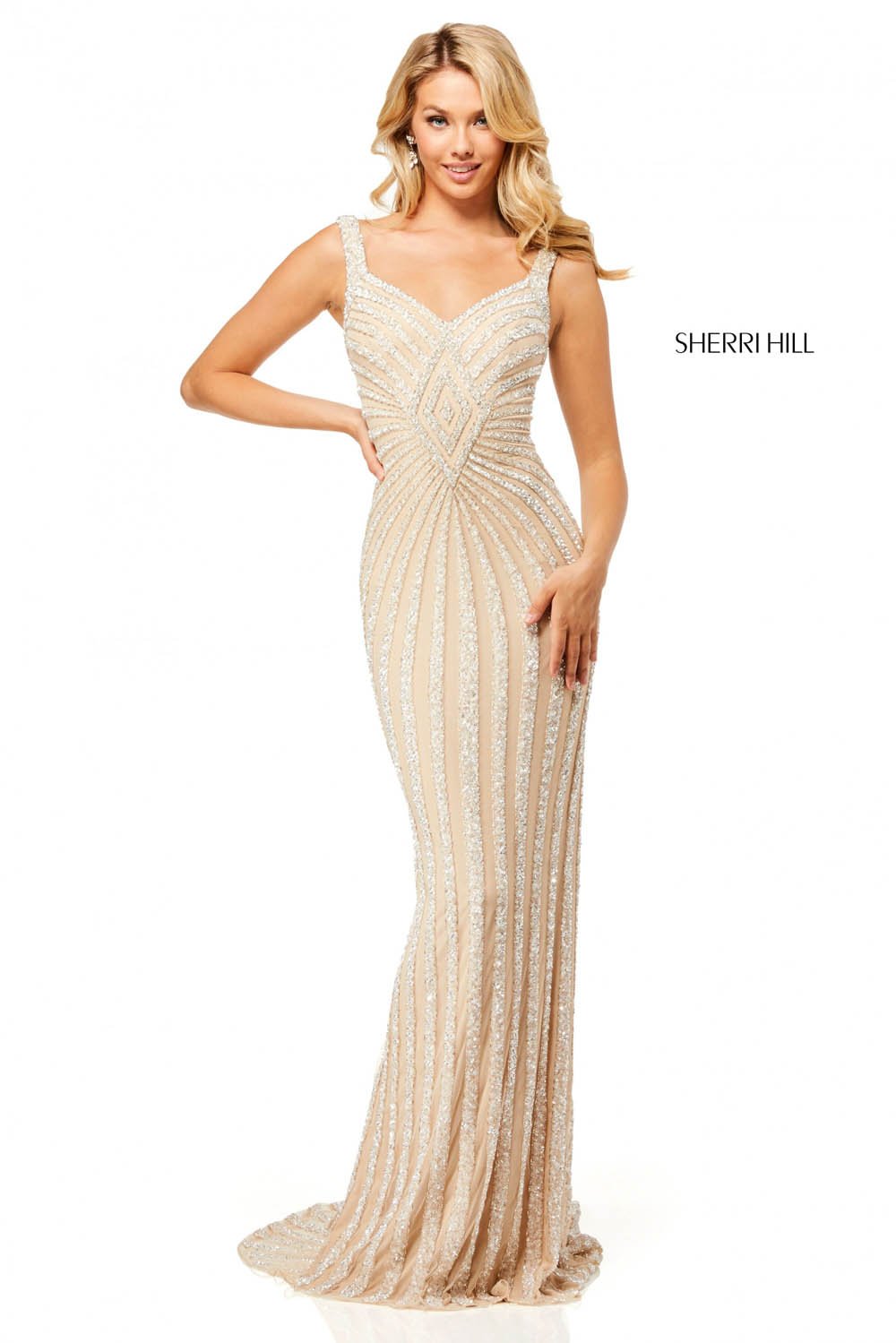 sherri hill silver prom dress