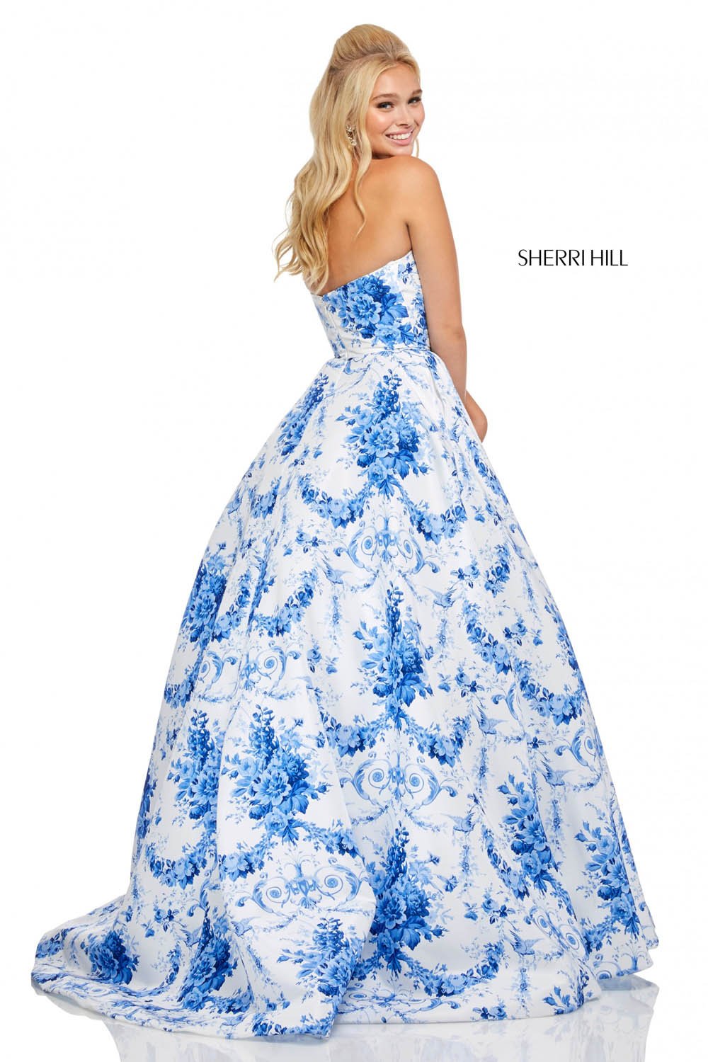 sherri hill blue and white dress