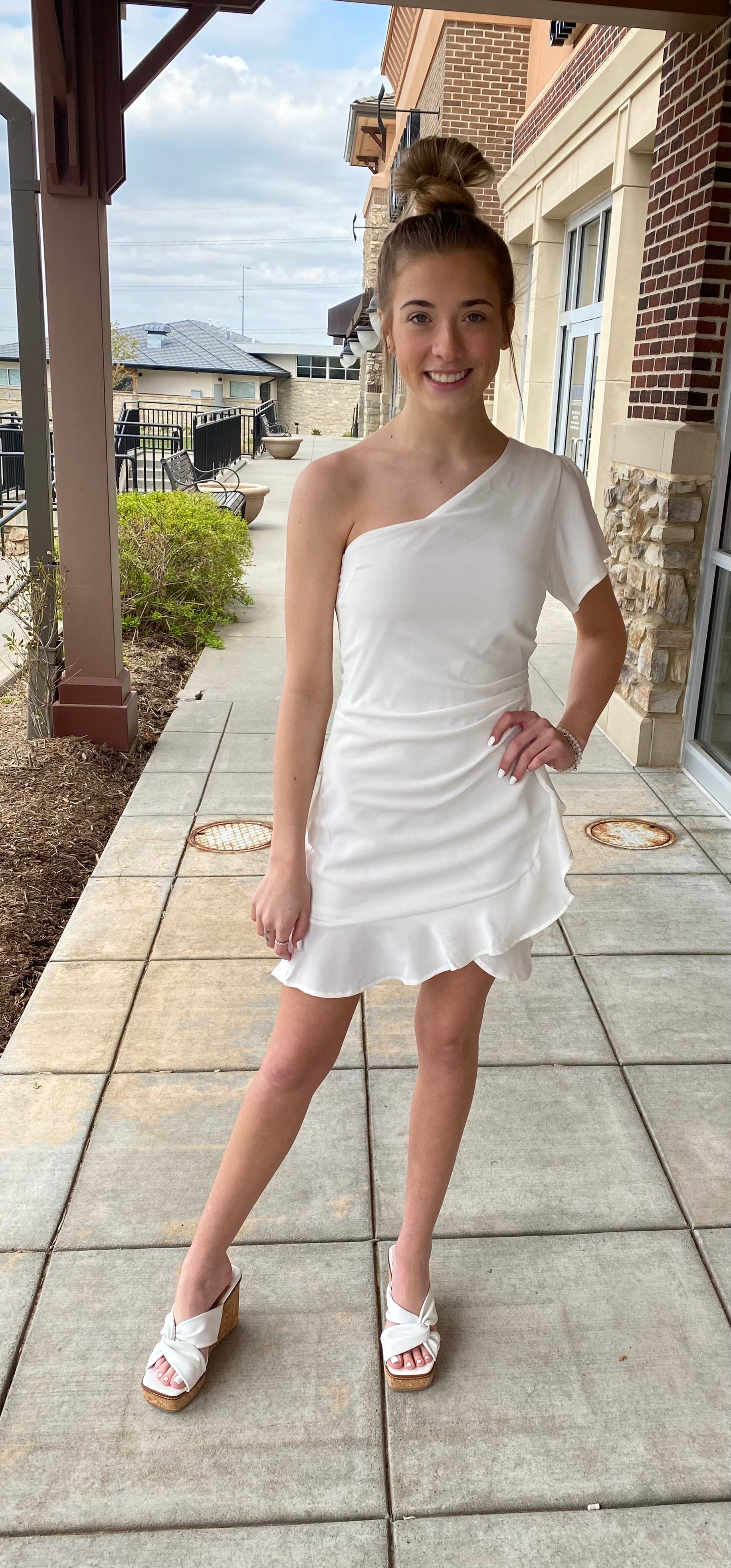 One Shoulder White Dress Ruffle Skirt