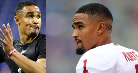 Two images of  Eagle's quarterback Jalen Hurts in huggie hoops