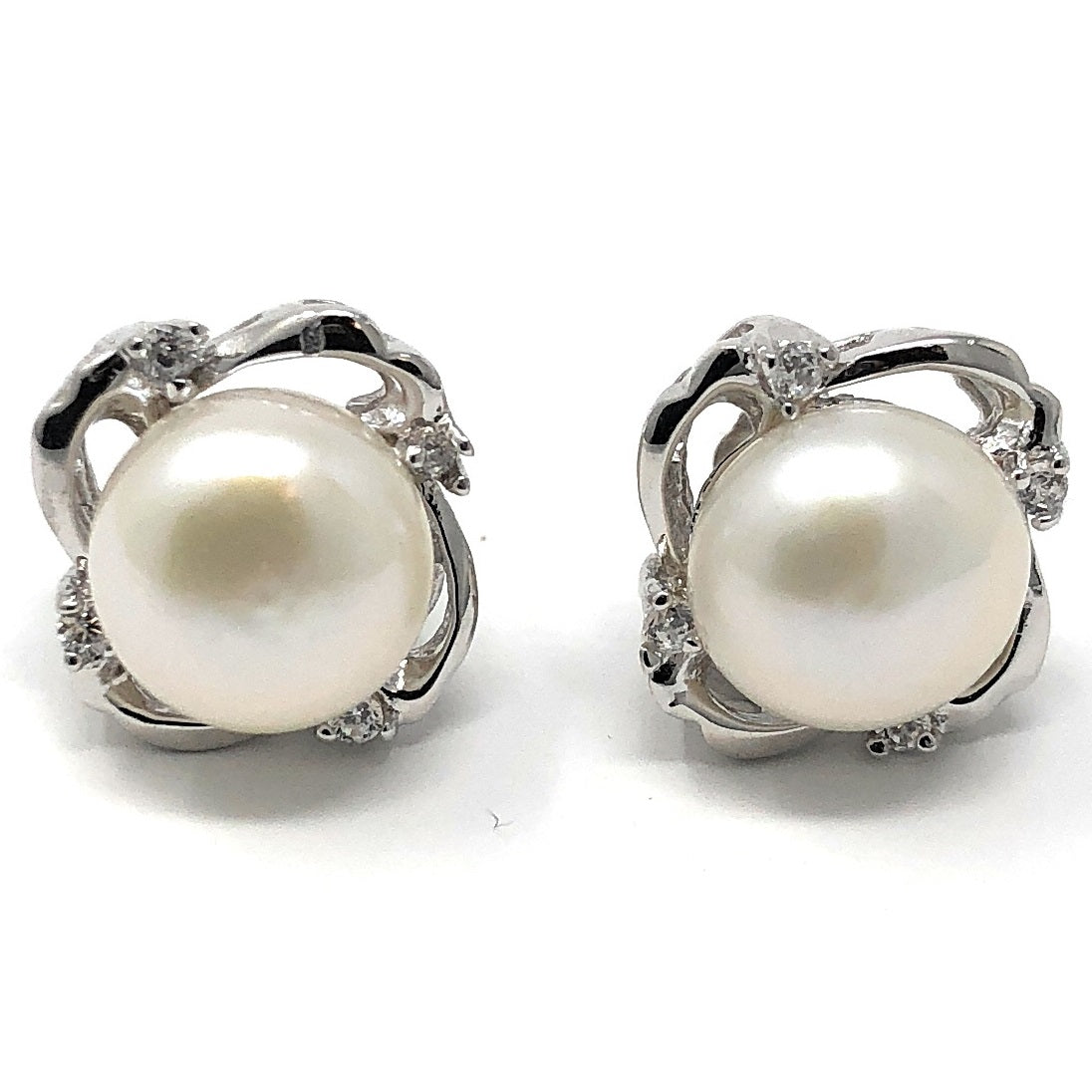 Sterling Silver Freshwater Pearl & CZ Swirl Stud Earrings, 13mm ...