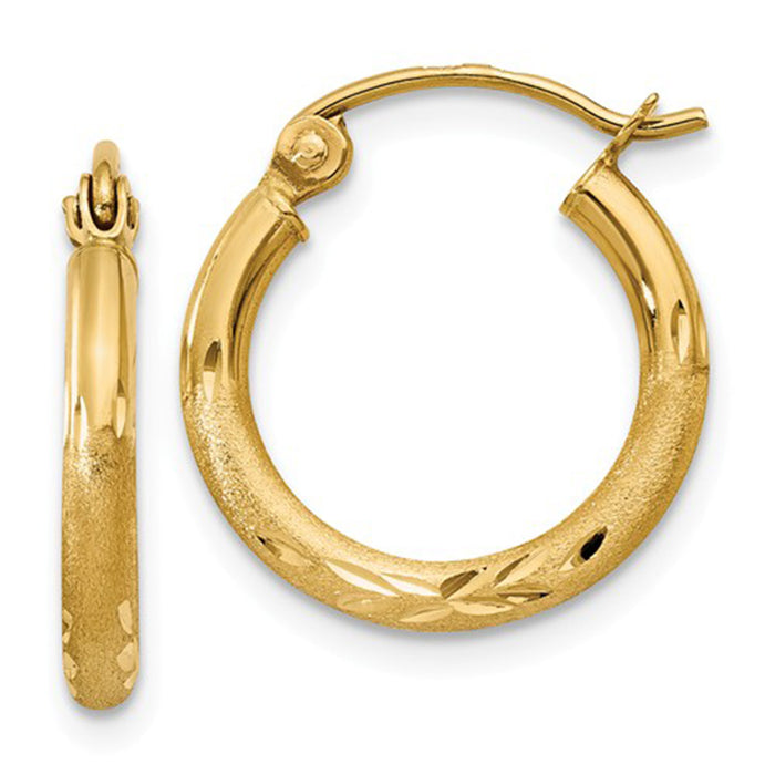 14k Yellow Gold Satin & Diamond Cut Hoop Earrings, All Sizes