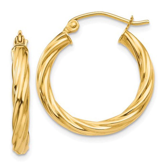 14k Yellow Gold Twisted Hollow Hoop Earrings, All Sizes