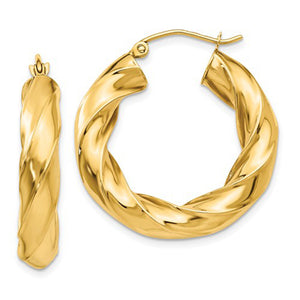 14k Yellow Gold Twisted Hoop Earrings (5mm), All Sizes