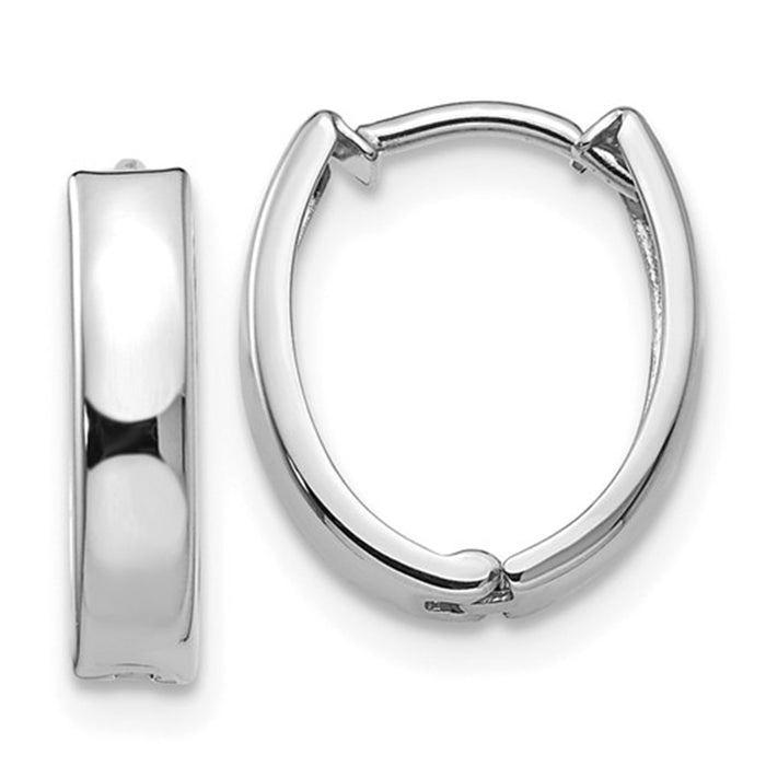 14k White Gold Oval Hinged Huggie Hoop Earrings (12mm)