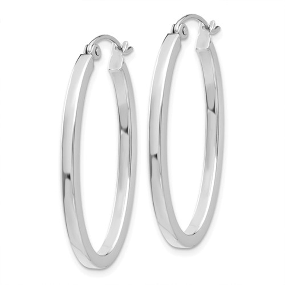 14K White Gold Oval Hoop Earrings w/ Square Tube, 1.2 In (31mm) (2mm T ...
