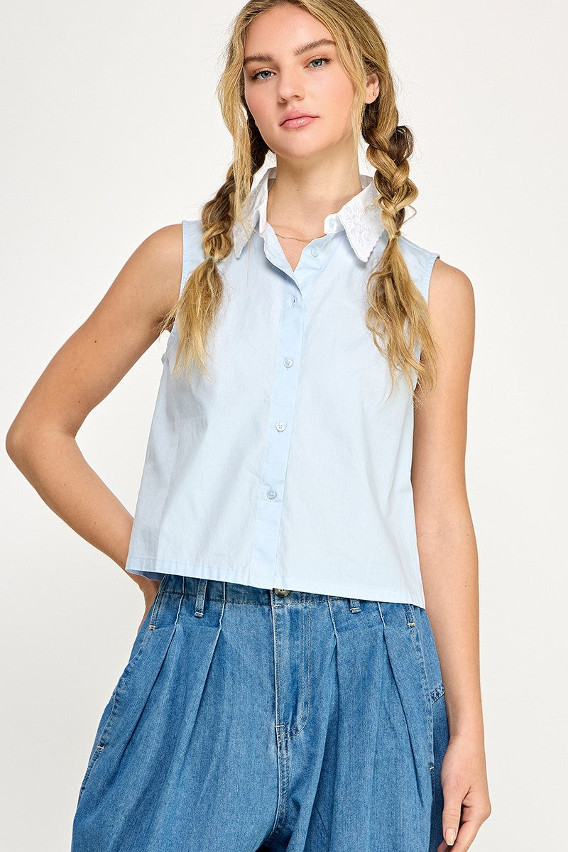 Embroidery Collar Button Down Vest