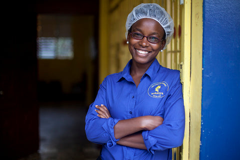 Founder Corinne at the chocolate factory in Haiti