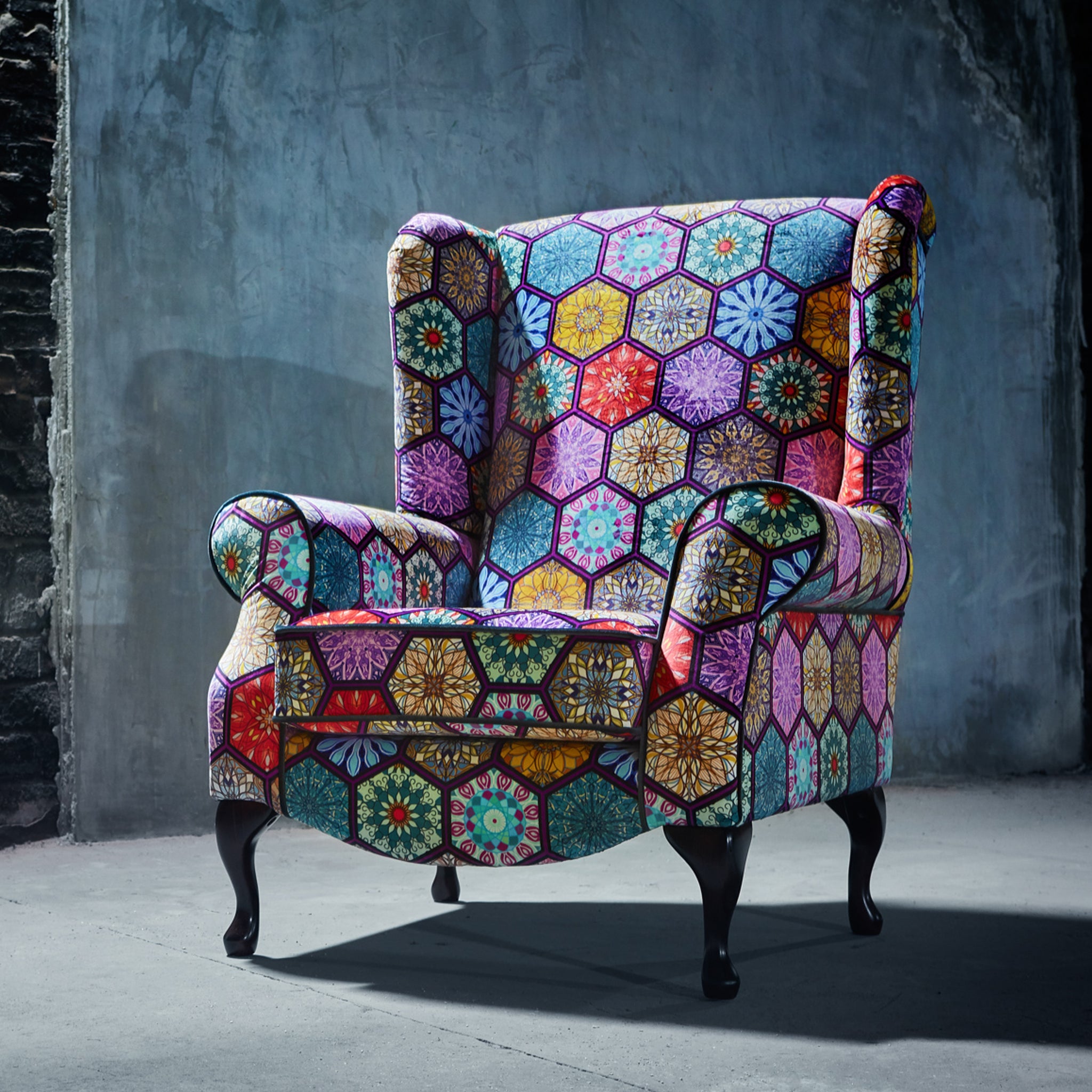 Patchwork Armchair. Boho style furniture. Quirky, queen anne