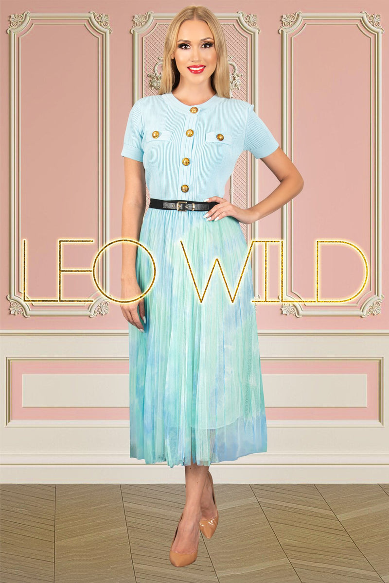 Designer Pleated Maxi Skirt | Blue Sunset Print Midi Skirt with Elastic Waistband-Skirts-LEO WILD™ | Designer Clothing Boutique Online