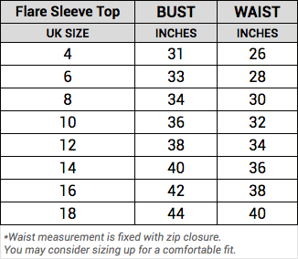 flare sleeve top size guide