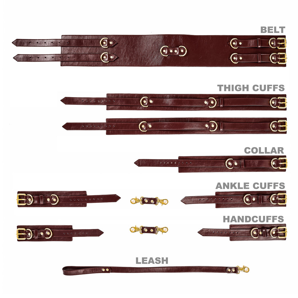 Marsala Leather Premium Bondage Set : Collar & Leash, Handcuffs, Belt,