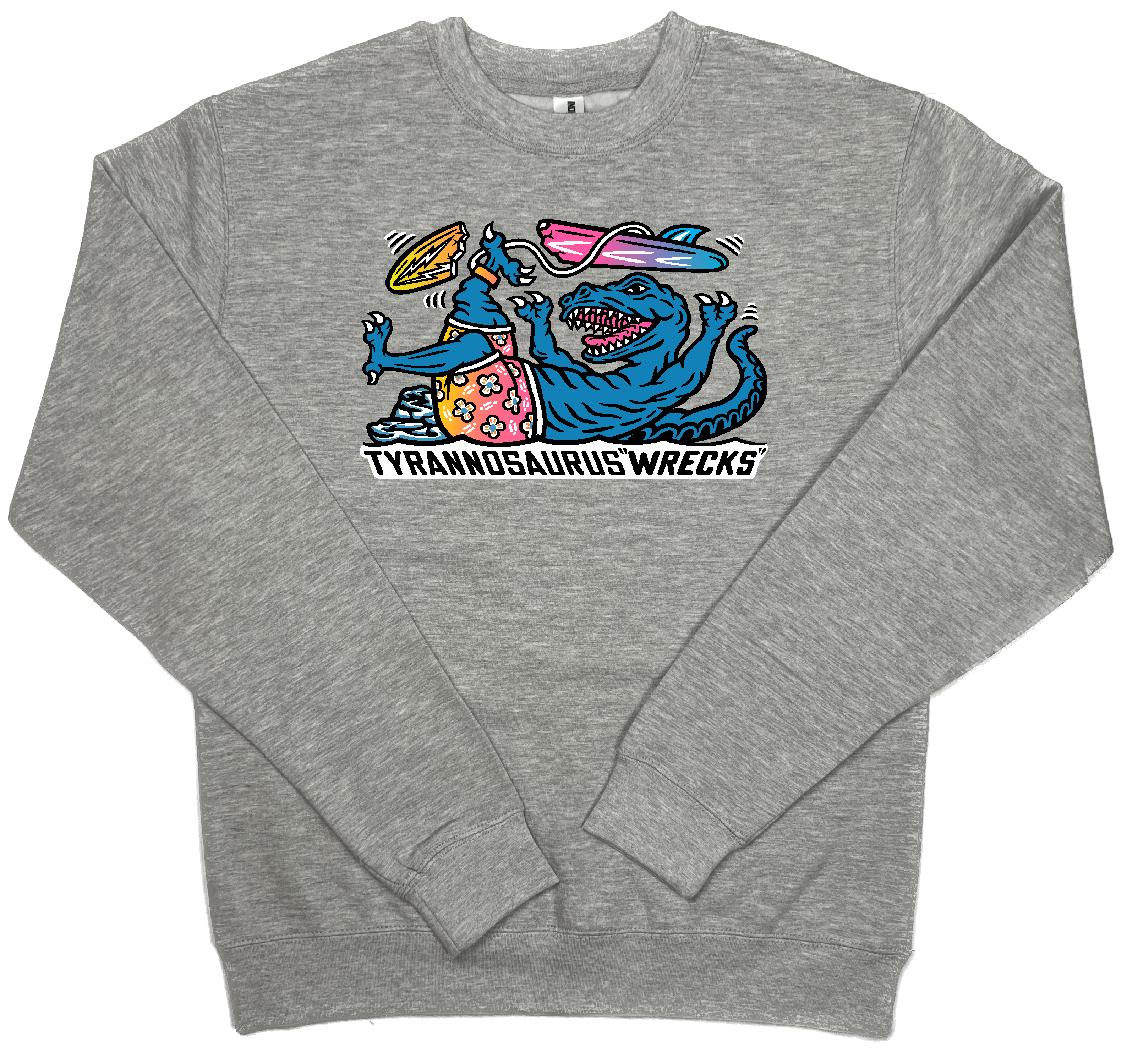 Surfing Tyrannosaurus Wrecks Dinosaur T-Rex Dino Surf Crewneck Sweatshirt