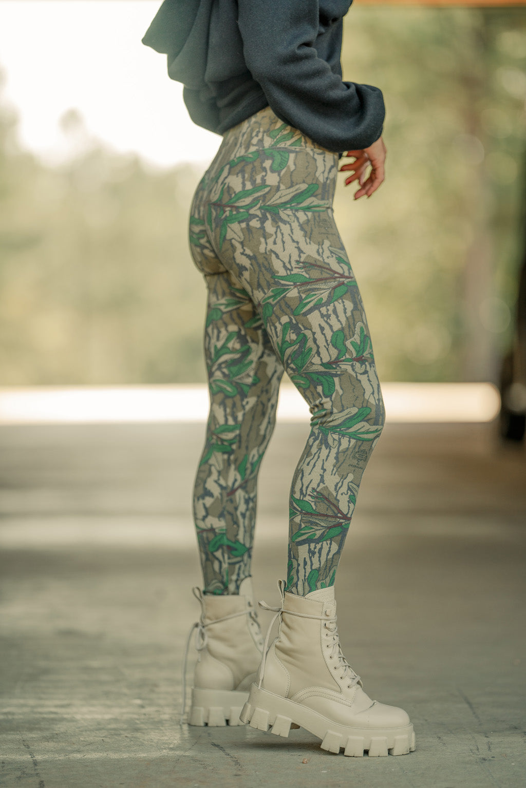 No Boundaries NOBO Sparkly Green Camo Stretch Flare Leggings Pants