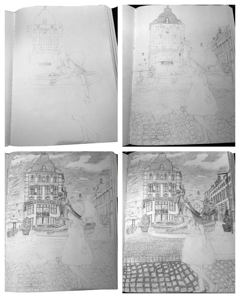 step by step sketch on cotton paper