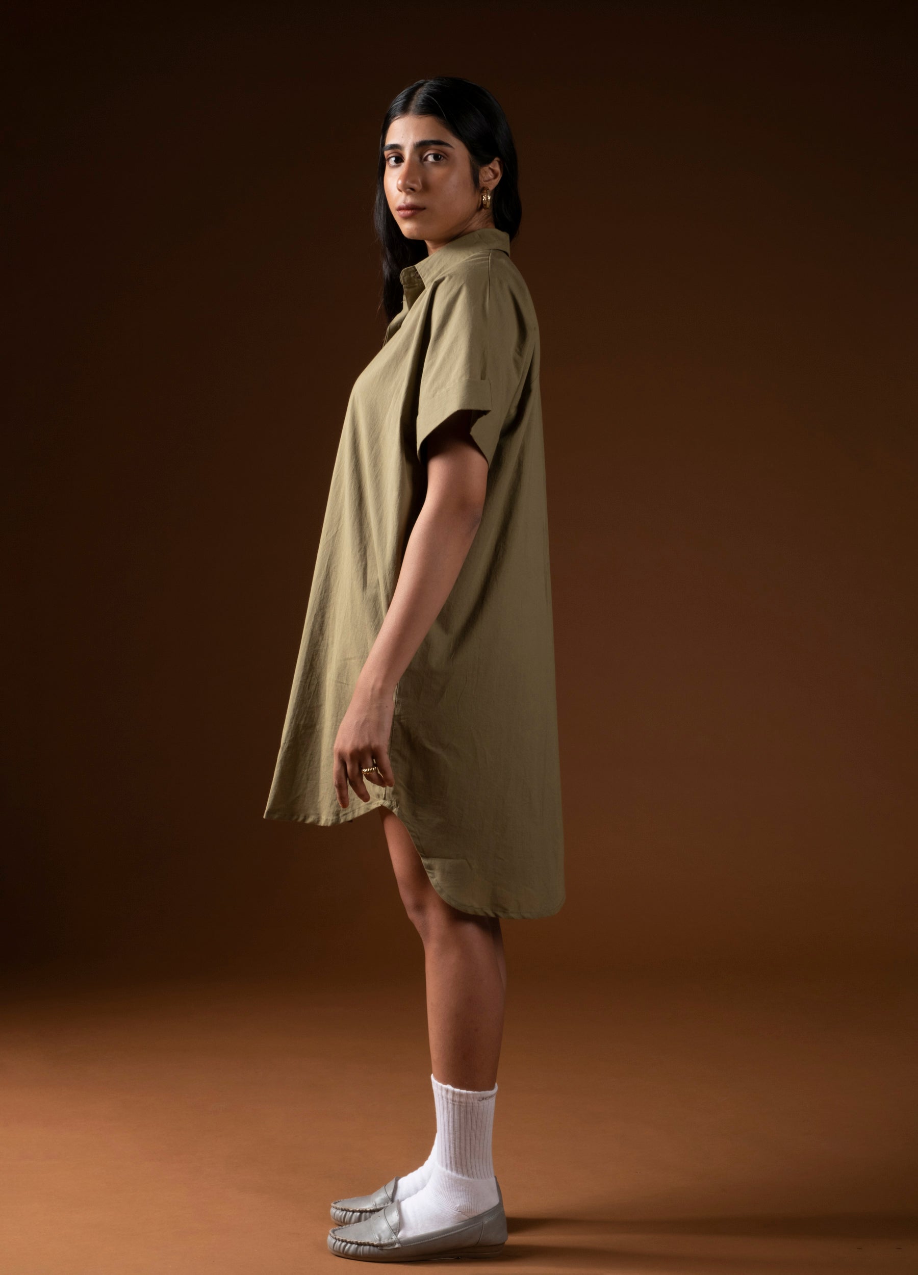 Buy No Nasties Olive Stripe Organic Cotton Shirt Dress For Women Online