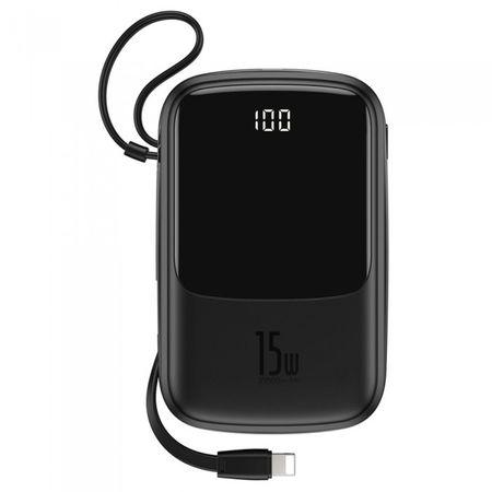 Baterie Externa Baseus, Q Pow 10000 mAh, 2 x USB/USB-C, Cablu Lightning Integrat, Negru