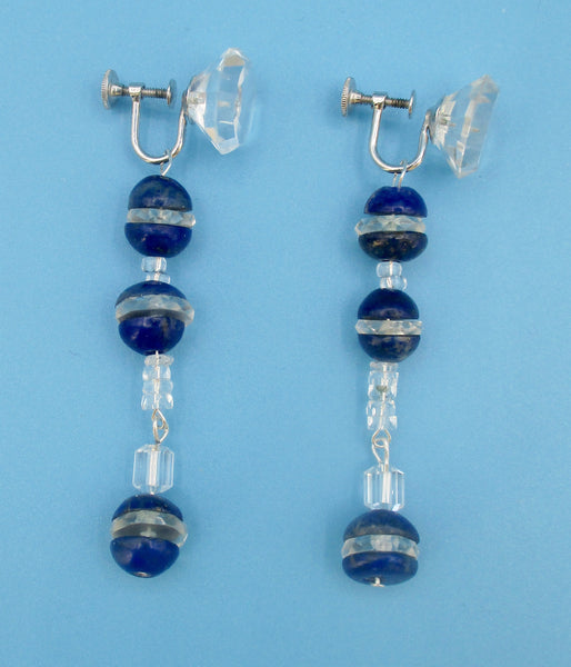 Pair of Vintage Deco Lapis Lazuli & Sterling Silver Screw Back Earrings