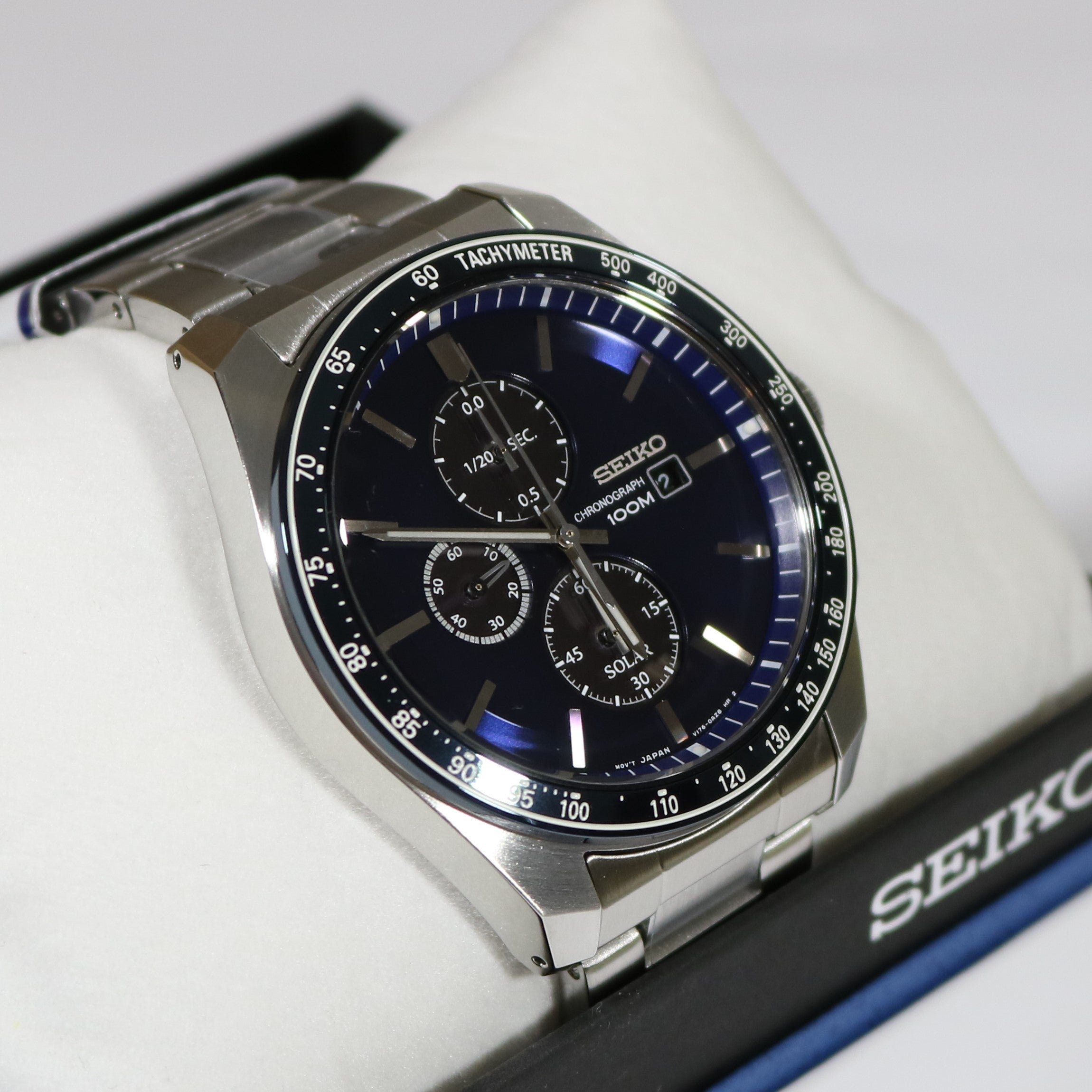 Seiko Men's Solar Blue Dial Stainless Steel Chronograph Watch SSC719P1 –  Chronobuy